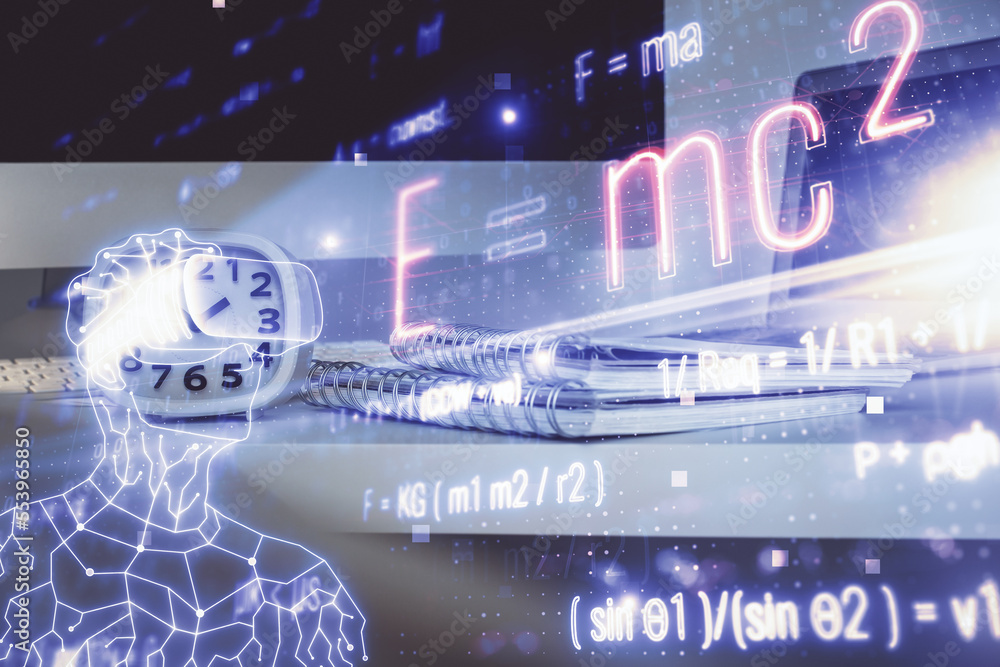 Poster desktop computer background and formula hologram writing. double exposure. education concept.