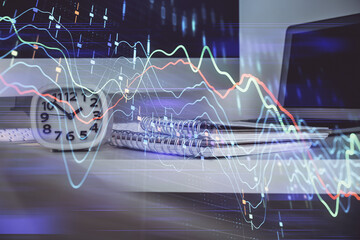 Forex Chart hologram on table with computer background. Double exposure. Concept of financial markets.