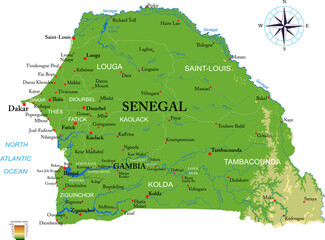 Senegal  and Gambia highly detailed physical map