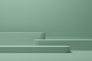 3D rendering of green colored empty podium or pedestal display. blank product display shelf
