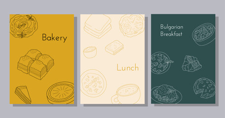 Hand drawn poster set with Bulgarian food. Design sketch element for poster, banner, flyer, menu cafe, bistro, restaurant, bakery and packaging.  Vector illustration.