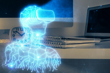 Computer on desktop with AR theme icon. Multi exposure. Concept of augmented reality.