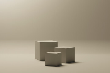 3D rendering of beige colored empty podium or pedestal display. blank product display shelf