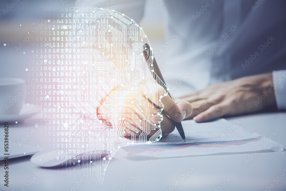 Aufkleber man with multi exposure brain theme icons.