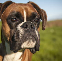 Close up of cute brown and black boxer dog over landscape created using Generative AI technology