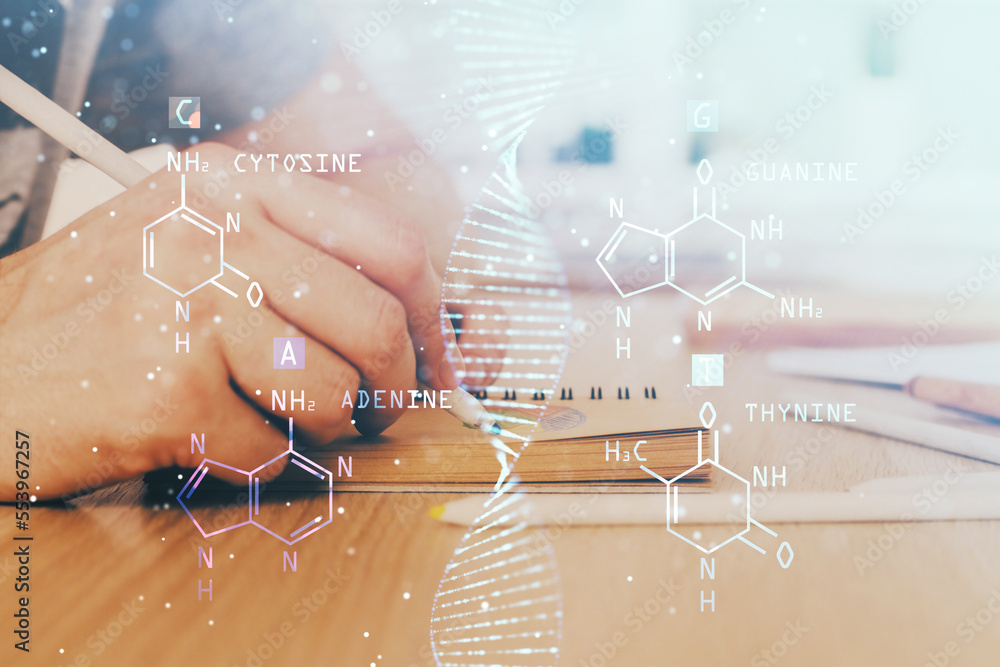 Aufkleber man's hands working with notes background. genetic engineering and gene manipulation concept.