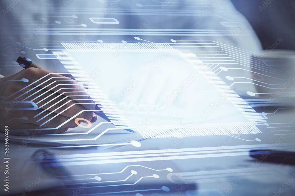 Poster multi exposure of woman's writing hand on background with data technology hologram. concept of innov