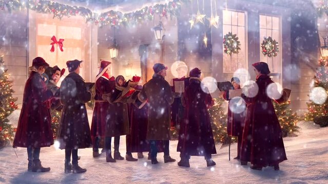 A group of carolers sing a chorus in front of a house with Christmas decorations. Moving falling snow. loop