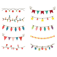 Set of garlands and flags for new year, christmas, holidays. Flat style illustration