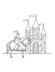 Knight Riding a Horse in Front of Castle Isolated 