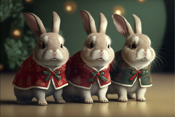 Little tiny bunnies dressed up as Santa claus on snowing Chriastmas festive background.generative ai.