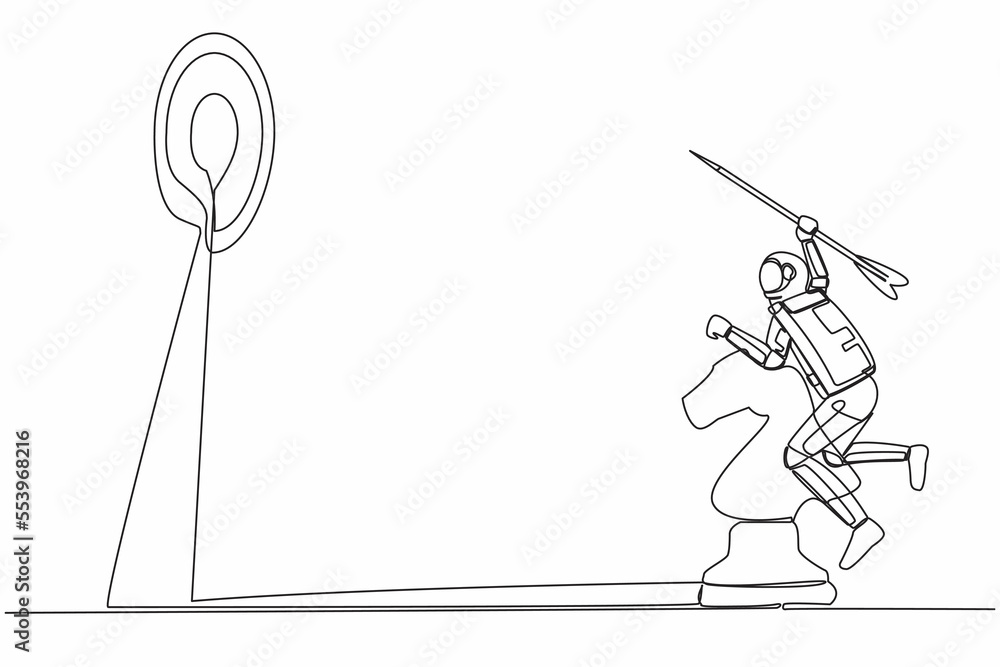 Poster continuous one line drawing of astronaut holding huge dart and targeting dartboard while riding big 