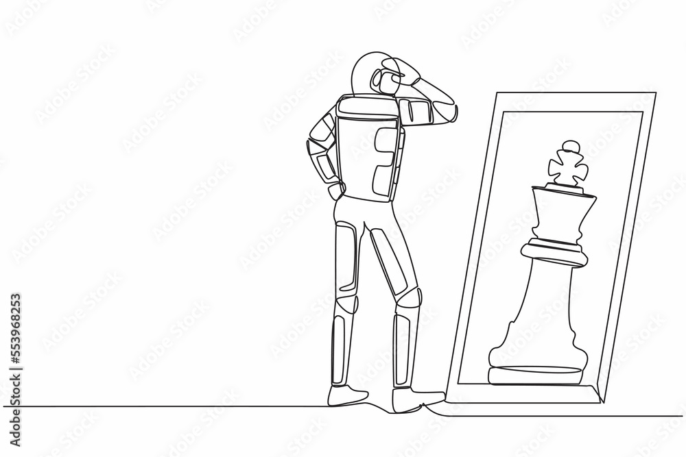 Poster single continuous line drawing astronaut standing in front of mirror reflecting chess king. imaginat