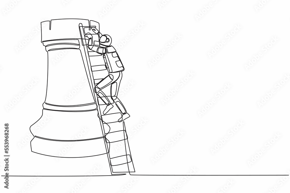 Poster single one line drawing astronaut climbing huge rook chess piece with ladder. stages of success in p