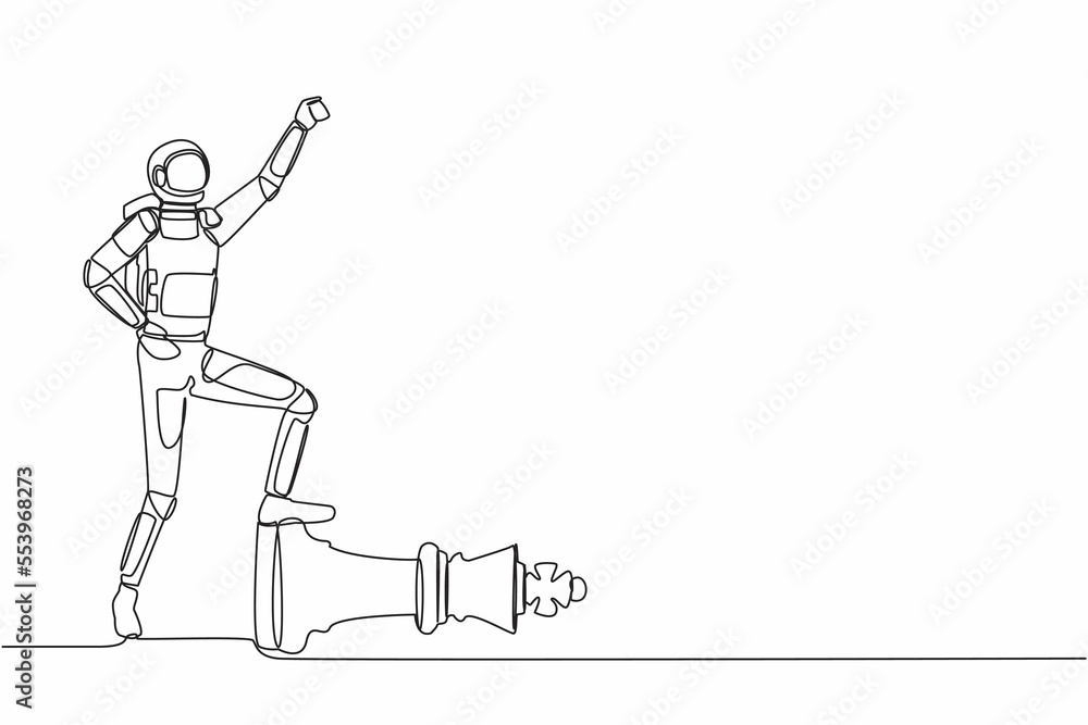 Poster continuous one line drawing astronaut clench fist up and step on chess king piece in moon surface. s