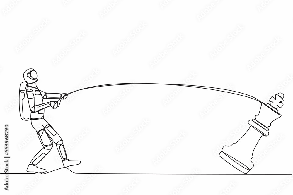 Poster single continuous line drawing astronaut standing and pulling big king chess with rope. maintaining 