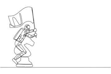 Single one line drawing astronaut riding big chess horse knight piece and holding flag. Battle in space business. Cosmic galaxy space concept. Modern continuous line design graphic vector illustration
