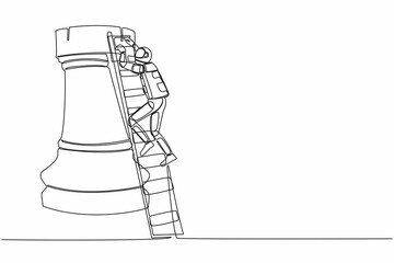 Fototapeta na wymiar Single one line drawing astronaut climbing huge rook chess piece with ladder. Stages of success in preparing for space exploration. Cosmic galaxy space. Continuous line draw design vector illustration