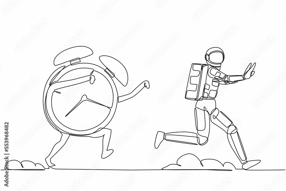 Poster continuous one line drawing astronaut being chased by alarm clock. hurry in expedition deadline proj