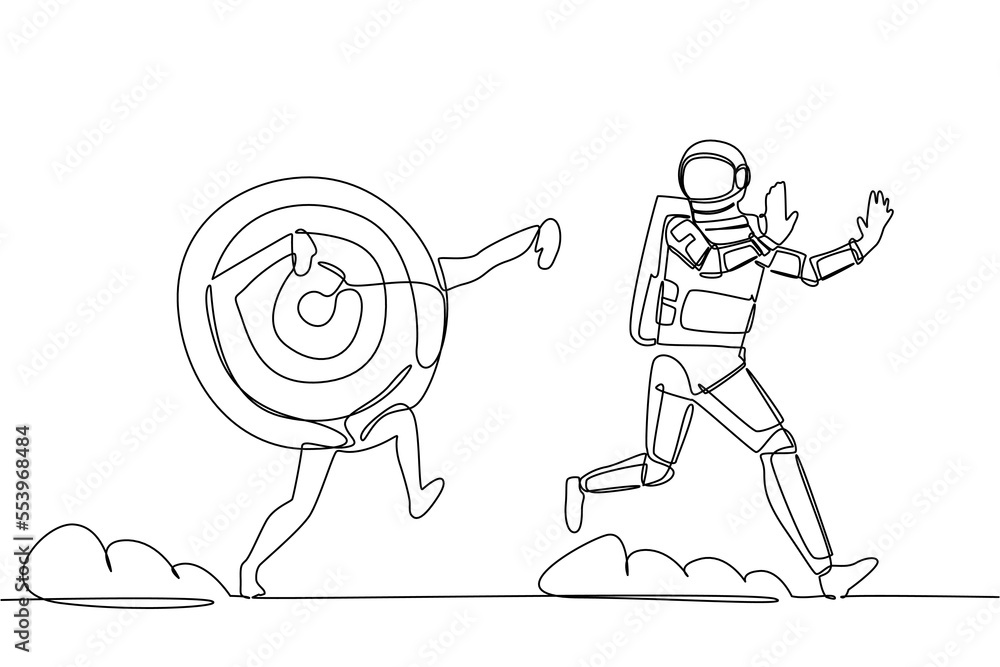 Poster continuous one line drawing scare astronaut being chased by archery bullseye target. losing idea in 