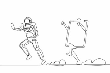 Continuous one line drawing young astronaut being chased by clipboard. Hurry in finishing checklist space industry sheets document. Cosmonaut outer space. Single line draw design vector illustration