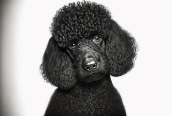 Isolated in portrait mode, a black poodle dog is shown on a white background. Generative AI