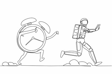 Continuous one line drawing astronaut being chased by alarm clock. Hurry in expedition deadline project. Running out of working time. Cosmonaut outer space. Single line draw design vector illustration