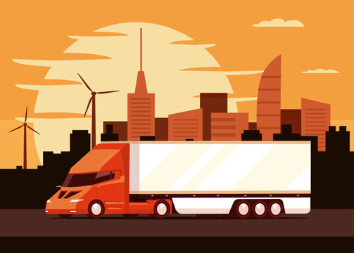 Electric truck on the background of the cityscape at sunset and wind turbines. Vector illustration.