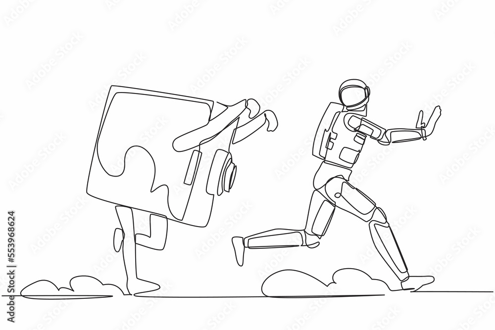 Aufkleber single continuous line drawing astronaut being chased by safe deposit box in moon surface. financial