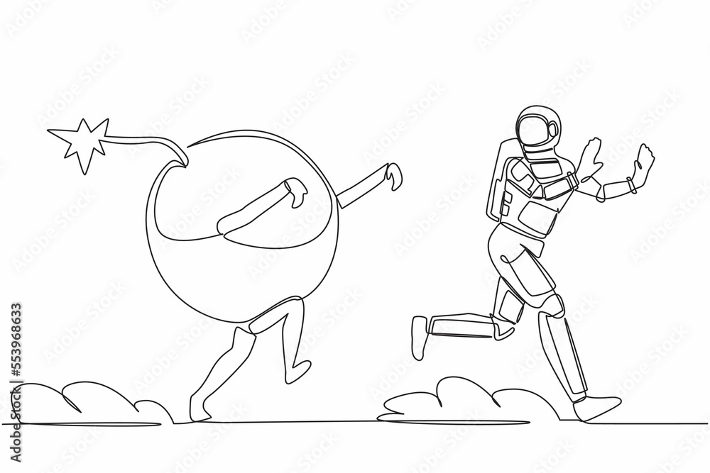 Aufkleber continuous one line drawing young astronaut being chased by bomb. afraid with galactic destruction. 