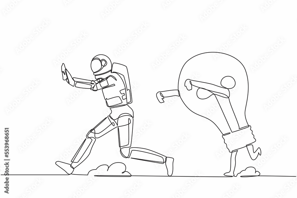 Poster single continuous line drawing astronaut being chased by light bulb. afraid with innovation expediti