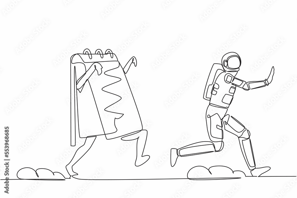Aufkleber single continuous line drawing young astronaut being chased by calendar. afraid with spaceship explo