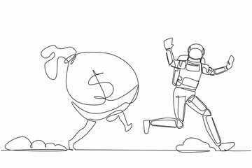 Continuous one line drawing of young astronaut being chased by money bag. Hurry in achieving wealth and profit goals in spaceship company. Cosmonaut outer space. Single line design vector illustration