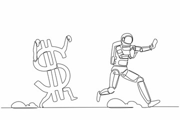 Single continuous line drawing astronaut being chased by dollar symbol. Afraid with economic or financial crisis in spaceship company. Cosmonaut deep space. One line graphic design vector illustration