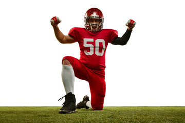 Professional american football player in sports uniform and protective helmet in action isolated over white background. Sport, team, competition, bowl
