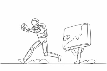 Continuous one line drawing astronaut being chased by wallet. Losing money and business profit in spaceship technology industry. Cosmonaut outer space. Single line graphic design vector illustration