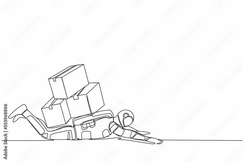 Aufkleber single one line drawing of young astronaut under heavy pile of cardboard burden in moon surface. ove