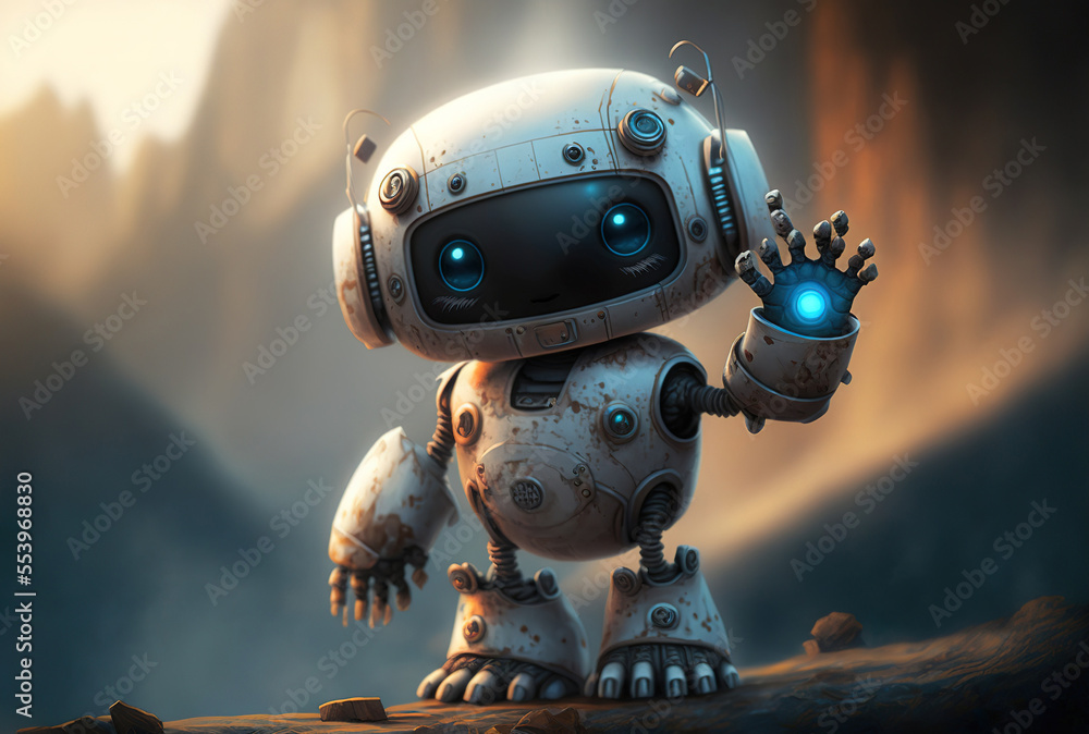 Poster cute and little robot helper with artificial intelligence raising hand. generative ai