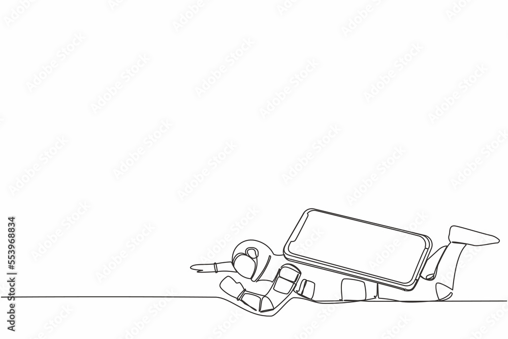 Aufkleber single continuous line drawing young astronaut under heavy smartphone burden. stressed due to overwo