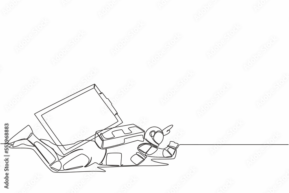 Poster continuous one line drawing young astronaut under heavy clipboard burden. busy spaceman with checkli
