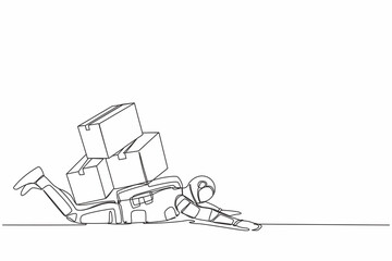 Single one line drawing of young astronaut under heavy pile of cardboard burden in moon surface. Overworked spaceman with stack of box. Cosmic galaxy space. Continuous line design vector illustration