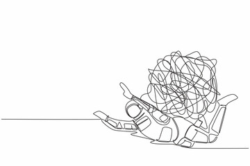 Continuous one line drawing young astronaut under heavy messy line burden. Anxiety from space company difficulty, economic crisis problem. Cosmonaut outer space. Single line design vector illustration