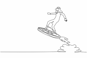 Single one line drawing Arab businessman riding dollar coin rocket flying in the sky. Financial boost, business opportunity to success with competitors. Continuous line draw design vector illustration