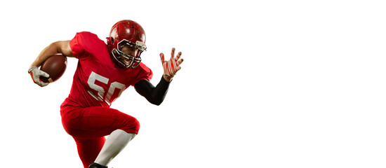 In motion. Dynamic portrait of american football player in sports uniform and protective helmet running isolated over white background. Sport, team, competition, championship © Lustre Art Group 