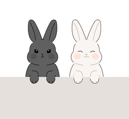 Two cute bunnies appeared on the wall. Black rabbit and white rabbit character upper body illustrations for your design.