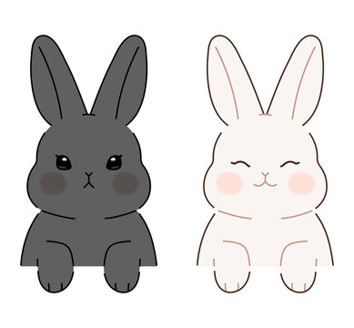 Two cute bunnies appeared on the wall. Black rabbit and white rabbit character upper body illustrations for your design.