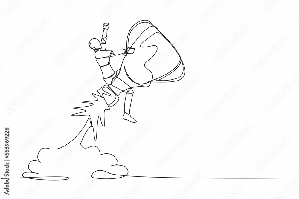 Poster continuous one line drawing robot riding trophy rocket flying in sky. improve tech ability to win co