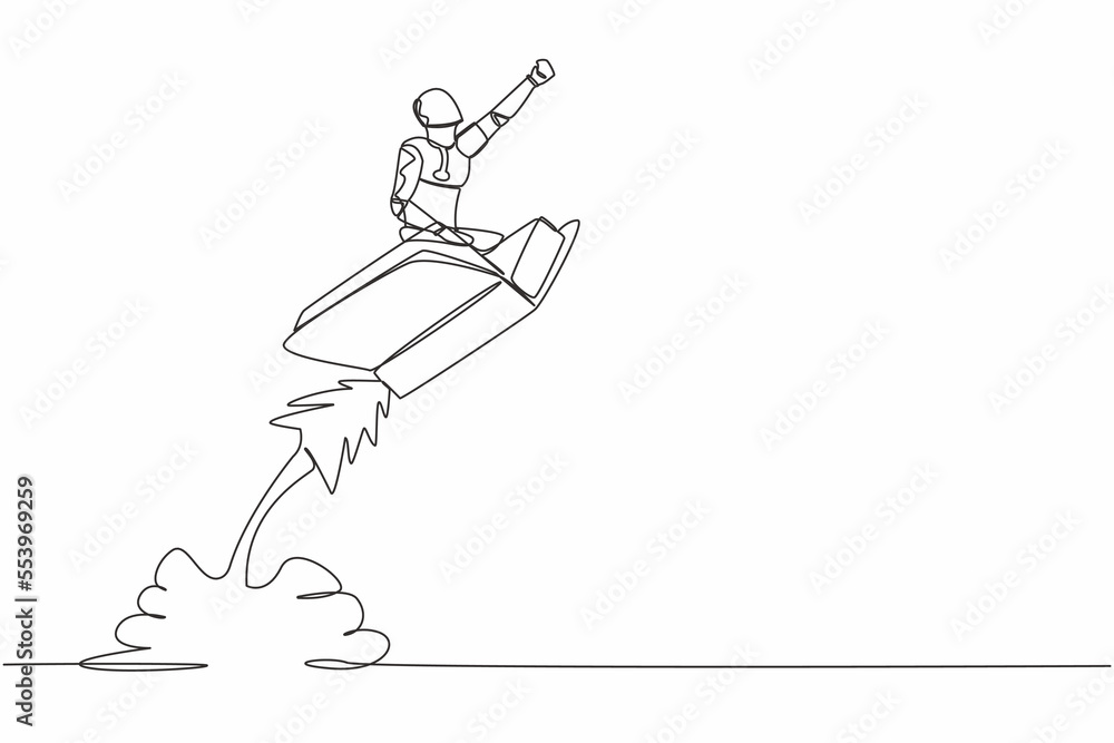 Poster single one line drawing robot riding book rocket flying in the sky. increase tech ability learning. 