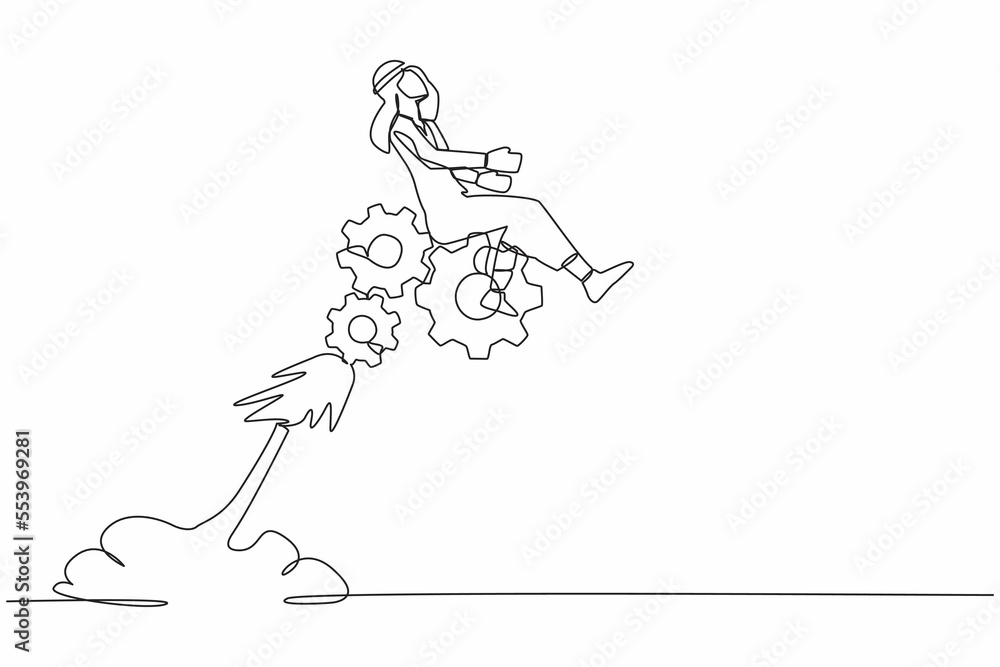 Poster single one line drawing arabian businessman riding gear rocket flying in the sky. mechanisms look fo