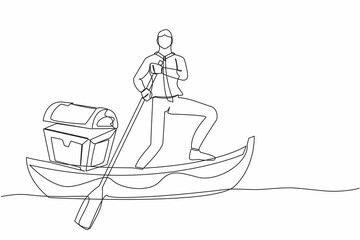 One continuous line drawing young businessman sailing away on boat with treasure chest. Money laundering, political corruption. Criminal stole golden coins. Single line draw design vector illustration